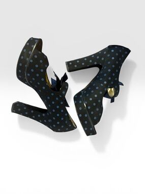 Women’s Black Polka Dot Platform Heels - Blue Dot Accent w/bow Y2K